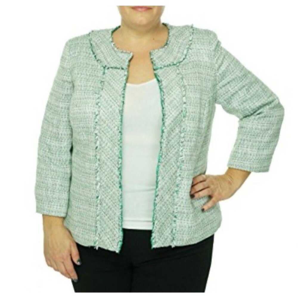 Kasper Tweed Blazer Jacket 10 Preppy Green White Gold Metallic Open Front